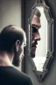 Placeholder: a man looking into a mirror and seeing a horrifying, abstract monstrous reflection