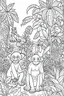 Placeholder: coloring page for kids, A cute, enchanting jungle with playful monkeys and exotic flora, thick outline, low details, no shading, no color