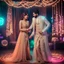 Placeholder: Hyper Realistic Beautiful Traditional Pakistani Couple groom sherwani & bride lehanga dancing on Valima Stage decorated with neon wedding lights at Night