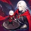 Placeholder: Vampire knight, young man, long white hair, black full plate armor, red cape