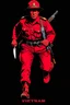 Placeholder: Vietnam soldier(uniform and face based on racist steriotypes) running towards viewer, a knife i one hand, and a gun(barrel pointing at viewer) in the other. retro 1960's poster monochrome with white background