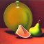 Placeholder: still life bottle half fruit