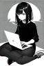 Placeholder: thin hacker girl use a laptop sitting in a cafe, line arts, greyscale