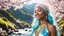 Placeholder: Portrait of a gorgeous smiling skinny polynesian goddess with a golden dark skin, long smooth clear turquoise blue white hair, blue eyes, in a sci-fi outfit with luminous strikes sending a kiss in a hill of flowers with sakura trees, a small torrent, loads of mini flowers, moss, sun rays through the branches, particles in the air at spring