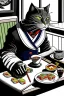 Placeholder: Cat, sitting at a table, eating sushi,perfect iris, ink and pencil, style Tintin