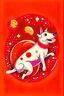 Placeholder: white and orange dog flies to the moon top of the a rocket