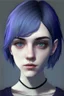 Placeholder: Realistic female teenager with pale skin, big grey eyes, blue and purple short hair, angular facial features, round face, prominent collarbones, black clothing