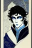 Placeholder: young black haired blue eyed wizard in the style of aubrey beardsley