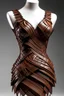 Placeholder: A dress made of artistically interwoven and overlapping strips, The color of the dress is reddish brown, made of taffeta, sleeveless, the corset is tight, inspired by fractals in geometry.