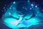 Placeholder: Cute chibi bioluminescent woman in holographic dress in sleeping room in starshine