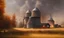 Placeholder: Brent Heighton, Giger, professional painting of a farm with a silo and a barn,forest fires, flock alien cow, great composition, highly detailed, high quality