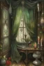 Placeholder: english watercolor, witch's boudoir, mirror, curtains, cobweb, filigree, dried flowers, textiles, candle, magical lighting effect, fairy tale illustration, fine drawing of details with colored pencils, grunge, high resolution, high detail, dark fantasy, dark botanical, beautiful, ISO 100, pixel graphics, hdr, emerald colors, beige, red, deep blue, umbra, grey, dusty rose, gold