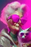 Placeholder: 93 year old woman from Cyberpunk2077 universum with ligh pink blond hair, futuristic pink sunglasses and her cat