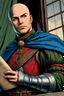 Placeholder: Portrait of nobleman, bald, blue eyes, medieval green clothes, red vest, chain mail armor, blue cape