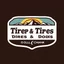 Placeholder: logo for a shop that installs tires and does oil changes, inside a shield shape with squared top and rounded bottom, in the style of national parks stickers