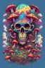 Placeholder: Psychedelic monkey skull surrounded by clouds and overgrown with psychedelic mushrooms. Digital drawing. Colorful. t-shirt design