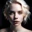 Placeholder: woman, twenty years old, white blond shortish hair, wavy, strong facial features, sof nose, light grey eyes, light pale skin, rose lips, topless, portrait, close up, beautiful young woman, many shadows, hair tied up, loose strands framing face, NO piercings