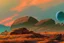 Placeholder: autumn vegetation, exoplanet in the horizon, big stones, cliff, science fiction.