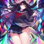 Placeholder: Clear focus, High resolution, long black fluffy hair, red eyes, chopped bangs, wearing a sailor uniform, wearing a sailor skirt, colorful, hollywood, female, human, mortal, thin legs