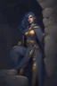 Placeholder: Dnd character in a dark cave. Leaning against a wall. A female Elf twilight cleric with super curly, super short, dark blue hair and golden eyes, wearing gray and dark blue robes. With tattoos. Etheral, muscular, strong.