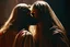 Placeholder: virgin girls and Jesus Christ flirtatiously kissing picture, rich in detail. They were loosely dressed. They are very much in love with Jesus On the edge of the abyss, where the eternal abyss is and everything is embraced around them by beings of light. There are also ape-men and big black shadows with hoods and stoles. 4K Blurred image of Jesus with a monkey head