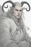 Placeholder: A dnd character portrait, a tiefling man with long hair and two black horns, white eyes and pale skin. Handsome. Young.