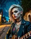 Placeholder: "Midnight Serenade unique" low view angle shot down village road , large close up a beautiful young blonde woman with a tattoos and punk style hairstyle wearing a cool black leather jacket like rocker style and holding a guitar, granite terrazzo motifs with puzzle modern clothing is decorated with colorful filigree abstract, Collage chutes papiers magazines,Spirograph background by Nisa Kiley, Textile Artist