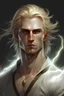 Placeholder: The elf is a man. The blond guy. Oil portrait style. A lightning strike scar runs through his chest and face. Waist-high. Shoulder-length hair. He is wearing a white shirt. Dark palette. The man emits light.