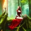 Placeholder: romantic fantasy spray painting, portrait of cute smiling green eyed red head robed bride ,sitting on a branch, loosing torch in magical forest by waterfall