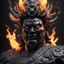 Placeholder: create a hyper-realistic Surrealism (RAW, simulation), close up look of a massive Japan Fudo Myo-o god, glass head and face, wearing a matte black titanium outfit, holding a flame sword, dynamic pose, black floor hell scene, absolutely lavish surfaces color and lighting, modeling of light and shade, ultra unique natural textures, vray