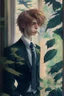 Placeholder: beautiful Twink boy with pretty hair. he is gay and smoking behind window while looking outdoor trees. His in a full official suit