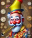 Placeholder: happy and funny old friendly clown with round head and trimmed beard playing jazz with a steampunk theme, trumpet on mouth, paintbrush and aisle, carnival, dreamy