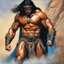 Placeholder: Conan the Barbarian dressed as an extremely muscle-bound Superhero dressed in a gray skintight, formfitting body suit with a blue cape and black boots, dark, multicolored watercolor stained wall in the background, oil painting in the art style of Boris Vallejo, 32k UHD, Hyper realistic, photorealistic, realistic, sharp, highly detailed, professional quality, beautiful, awesome, majestic, superb, trending on artstation