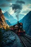 Placeholder: steampunk style, atmospheric beautiful train, rides in stunning mountain landscape, mountain gorge, bright color palette, high detail, perfect composition, cinematic shot, intricate details, hyperdetail