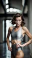 Placeholder: beautiful anorexic woman, total shot, short silver triathlon swimsuit, short brunette wavy bob hair, blurred concrete background
