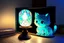 Placeholder: a cute chibi cat watching fappily a bioluminescent stained glass tyffany lamp on a wooden nightstand