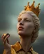 Placeholder: Statue of Queen of photography. Cute blonde woman. Photographer in golden crown. Standing on the street. Big camera in her hand. hyperdetailed, photorealistic, trending on artstation, greg rutkowski, beksinski, kodachrome, bokeh, red and gold