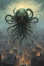 Placeholder: Eldritch tentacled creature hovering above city, highly detailed,in the style of Zvidslav Beksinski