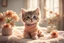 Placeholder: photorealistic image, browned, faded, last century style photograph with knitted and embroidered cute chibi anime kitten watching tv in an elegant room, flowers, in sunshine, edges of image appear burnt, ethereal, cinematic postprocessing, bokeh, dof