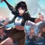 Placeholder: Clear focus,High resolution, Black short fluffy hair, long bangs, and pink eyes, Depressed girl, wearing a crop top sleevless, brown raggidy shorts, short black fingerless gloves, Concept art, Kicking pose, black long boots, fighting pose, Extreme Close up comic