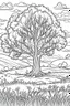 Placeholder: coloring page, tree in a meadow, cartoon style, thick lines, low detail, no shading