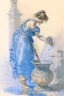 Placeholder: A woman in an ancient Roman dress pours water from an amphora into a pot in a blue and white bathroom, by Jean-Baptiste Monge, watercolour and ink, highly detailed, award winning, crisp quality in sunshine