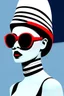 Placeholder: minimalist portrait photography, digital art, opart, woman face painted red, black and white dress, round black sunglasses, black and white swimming cap, side view by Franck Gerard