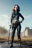 Placeholder: retro portrait image from 1960, explosion background, wind, long hair, young Scarlett Johansson, classic black tight lycra suit, metal stick weapon, gold bracelet and belt, high heel boots, soft color, highly detailed, unreal engine 5, ray tracing, RTX, lumen lighting, ultra detail, volumetric lighting, 3d, finely drawn, high definition, high resolution.