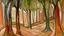 Placeholder: A light rosy orange colored thicket with an arena painted by Edvard Munch