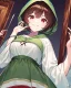 Placeholder: A character with short brown hair, red eyes who wears a green blouse open with its hood, below the blouse a white shirt, holds a bright red knife, smiles madly, dark background Very dark and HQ art and painting style.