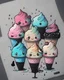 Placeholder: colorful, kawaii chibi icereams on pale black paper, very detailed illustration, sketch, concept art, ink outlines, smooth