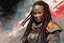 Placeholder: front facing full length portrait illustration of a grunge armored female , beaded dreadlock hair, cyberpunk vampire mercenary wearing an ornate kitsune noh mask , and shemagh, highly detailed with gritty post apocalyptic textures, caught in a cosmic maelstrom of swirling gases , finely detailed facial features and hair, in the graphic novel style of Bill Sienkiewicz, and Jean Giraud Moebius, ink wash and watercolor with realistic light and shadow