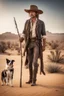 Placeholder: Full body cowboy in a desert with a dog and fancy walking stick