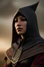 Placeholder: Portrait, Kenku female, ranger dnd character, Caucasian, black cloak over head, black, 4k resolution, intricate details, ornate details, soft lighting, vibrant colors, retroanime, masterpiece, natural background, realistic